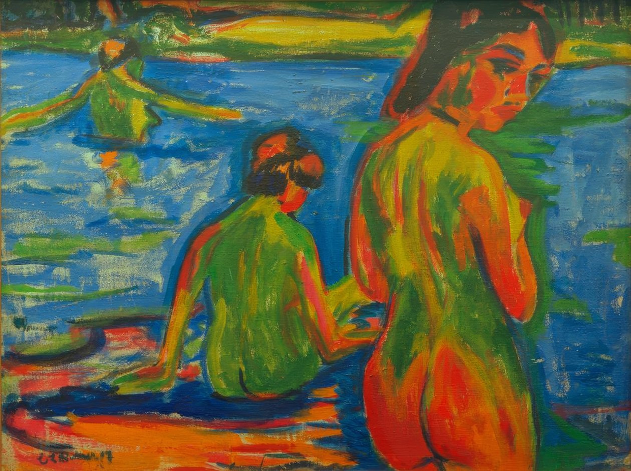 Dziewczyny kąpiące się w jeziorze autorstwa Ernst Ludwig Kirchner