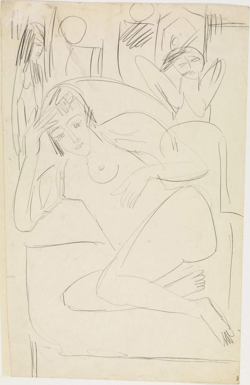 Kobieca nagość skulona w fotelu z drewnianymi figurkami autorstwa Ernst Ludwig Kirchner