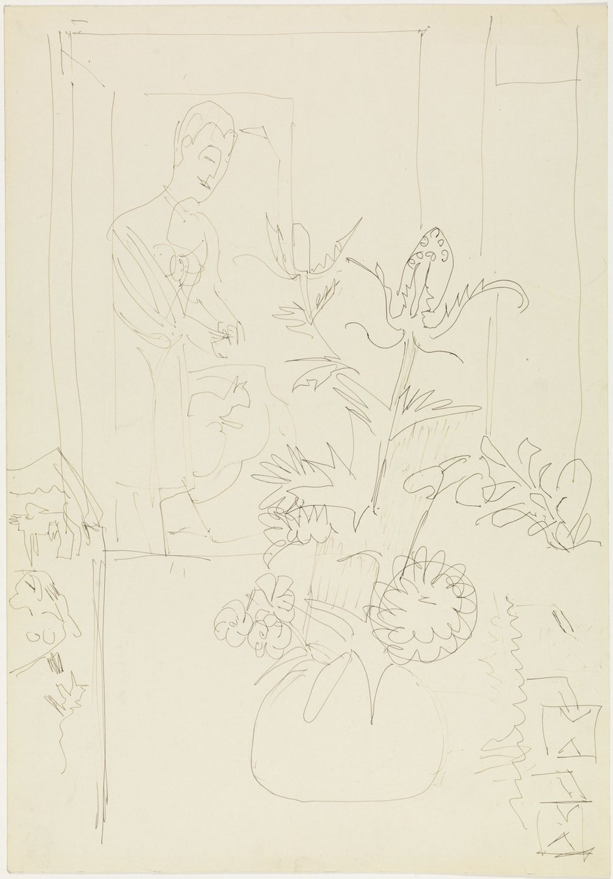 Wnętrze z wazonem kwiatów, kobietą i kotem autorstwa Ernst Ludwig Kirchner