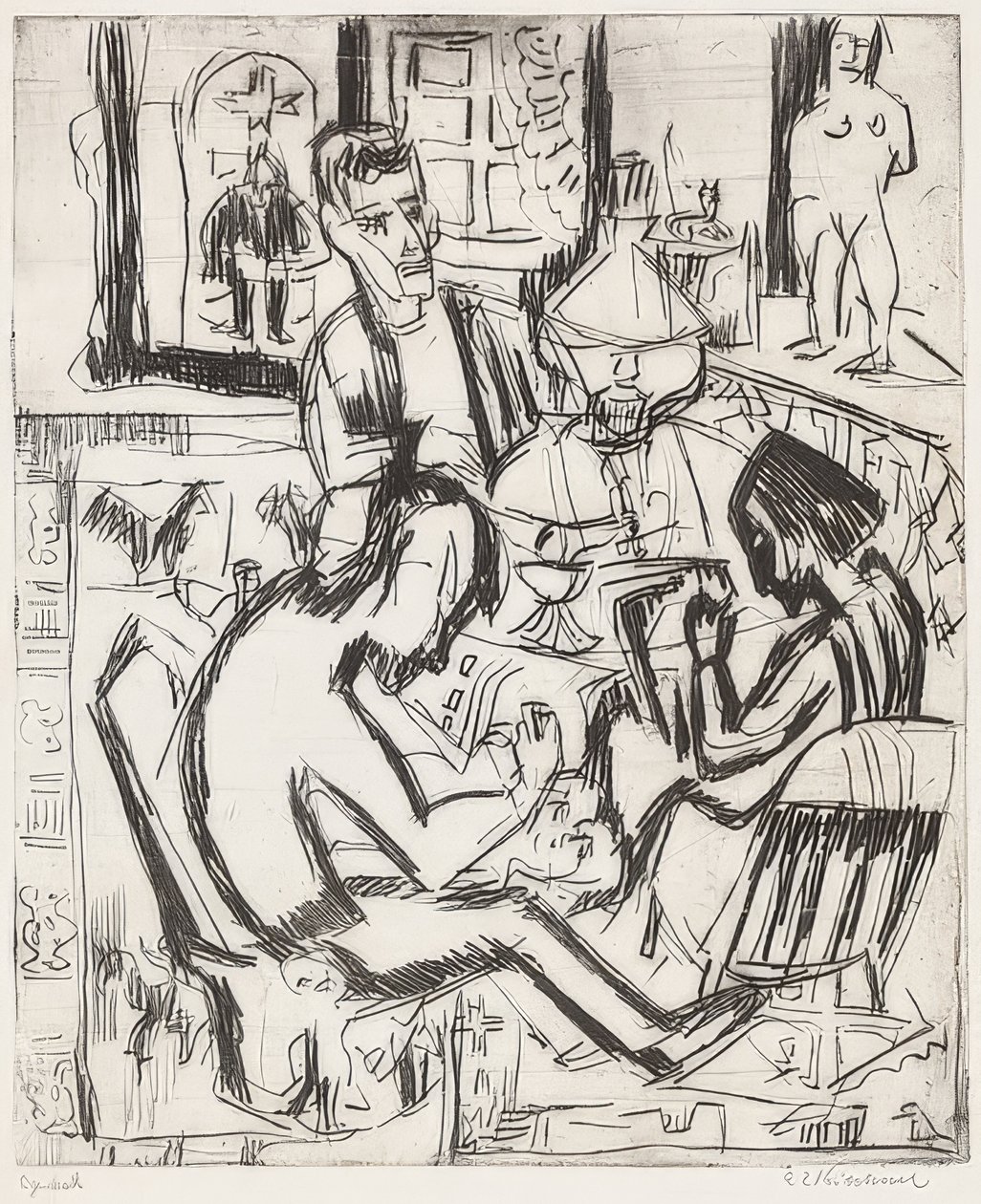 Wnętrze z ludźmi. 1923 autorstwa Ernst Ludwig Kirchner