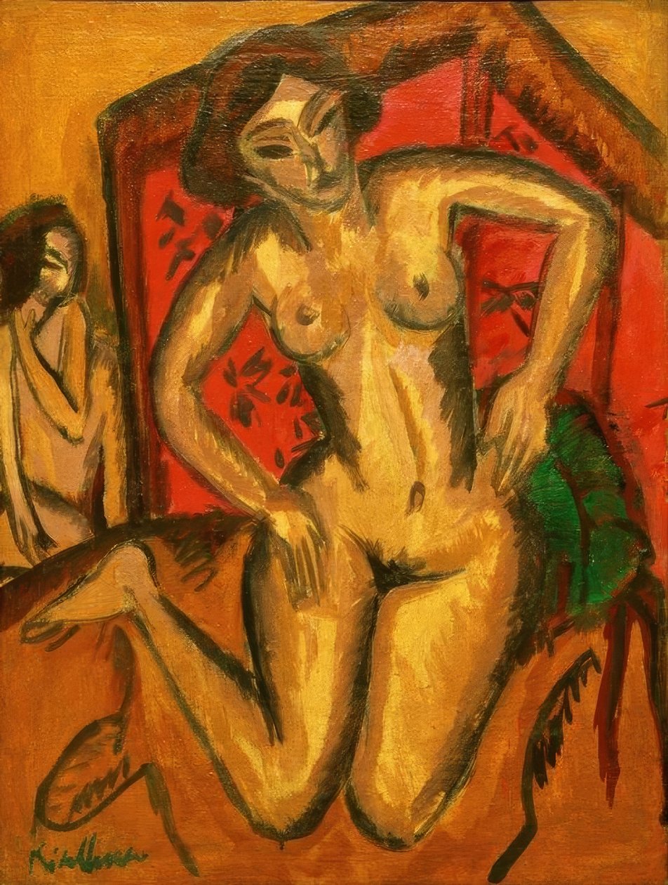 Klęcząca naga dziewczyna przed czerwonym ekranem autorstwa Ernst Ludwig Kirchner