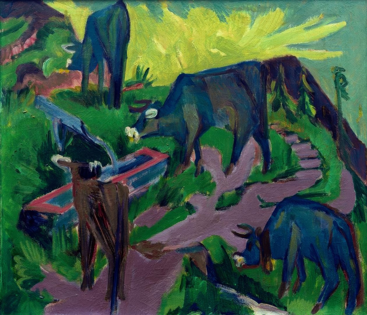 Krowy o zachodzie słońca autorstwa Ernst Ludwig Kirchner