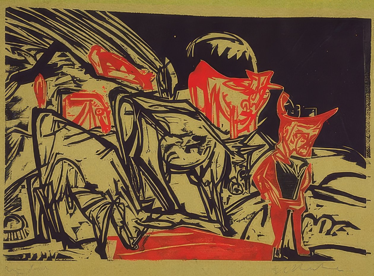 Stado krów z pasterzem. 1919 autorstwa Ernst Ludwig Kirchner