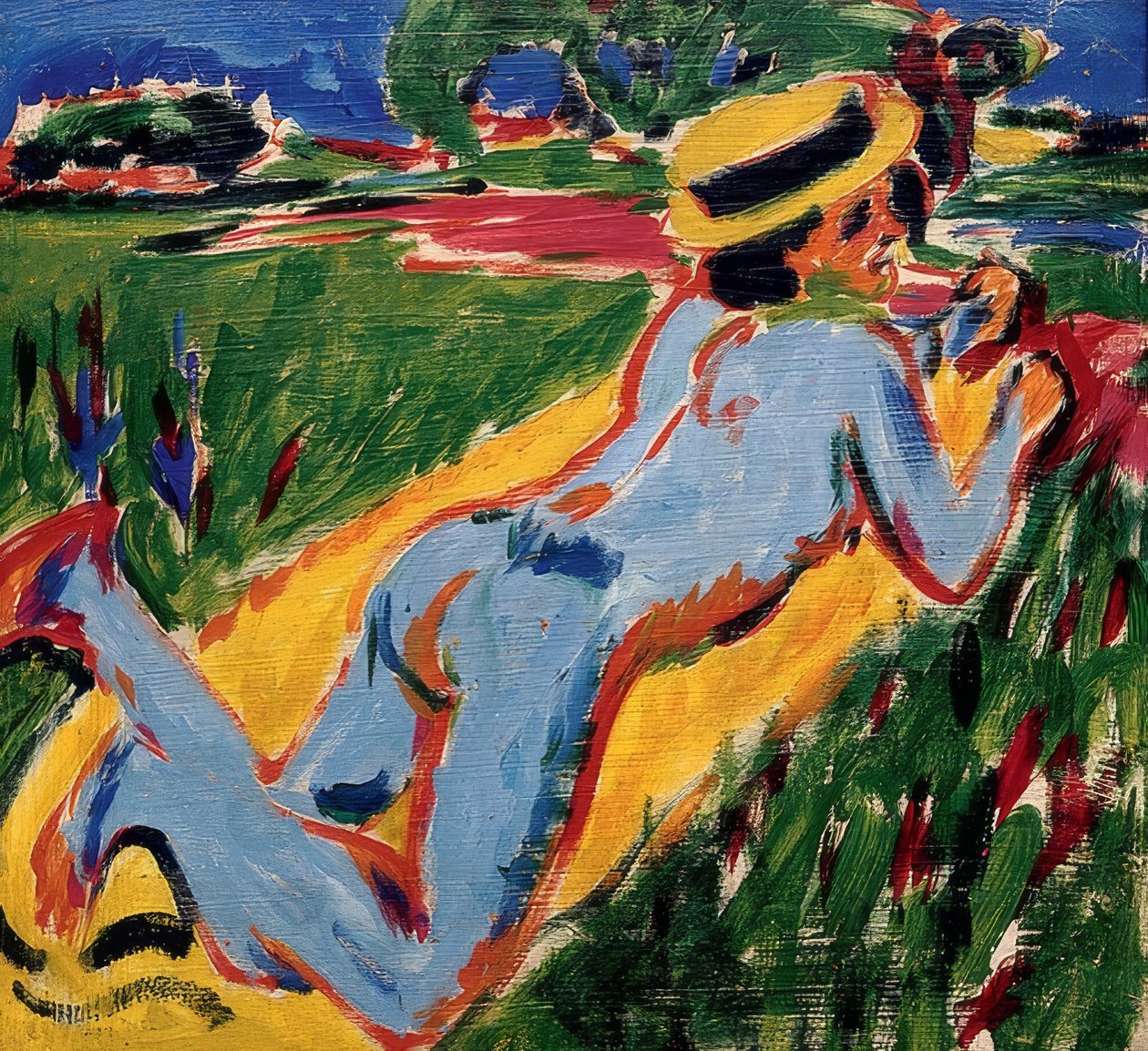Leżący niebieski akt z kapeluszem słomkowym. 1909 autorstwa Ernst Ludwig Kirchner