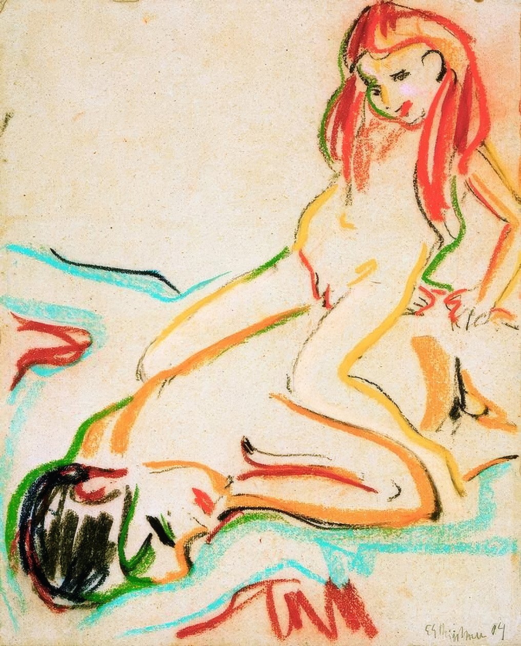 Leżący nagi mężczyzna z dzieckiem na plecach autorstwa Ernst Ludwig Kirchner