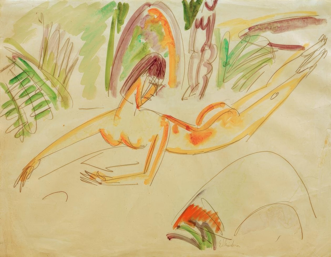 Leżąca naga kobieta na plaży Fehmarn autorstwa Ernst Ludwig Kirchner