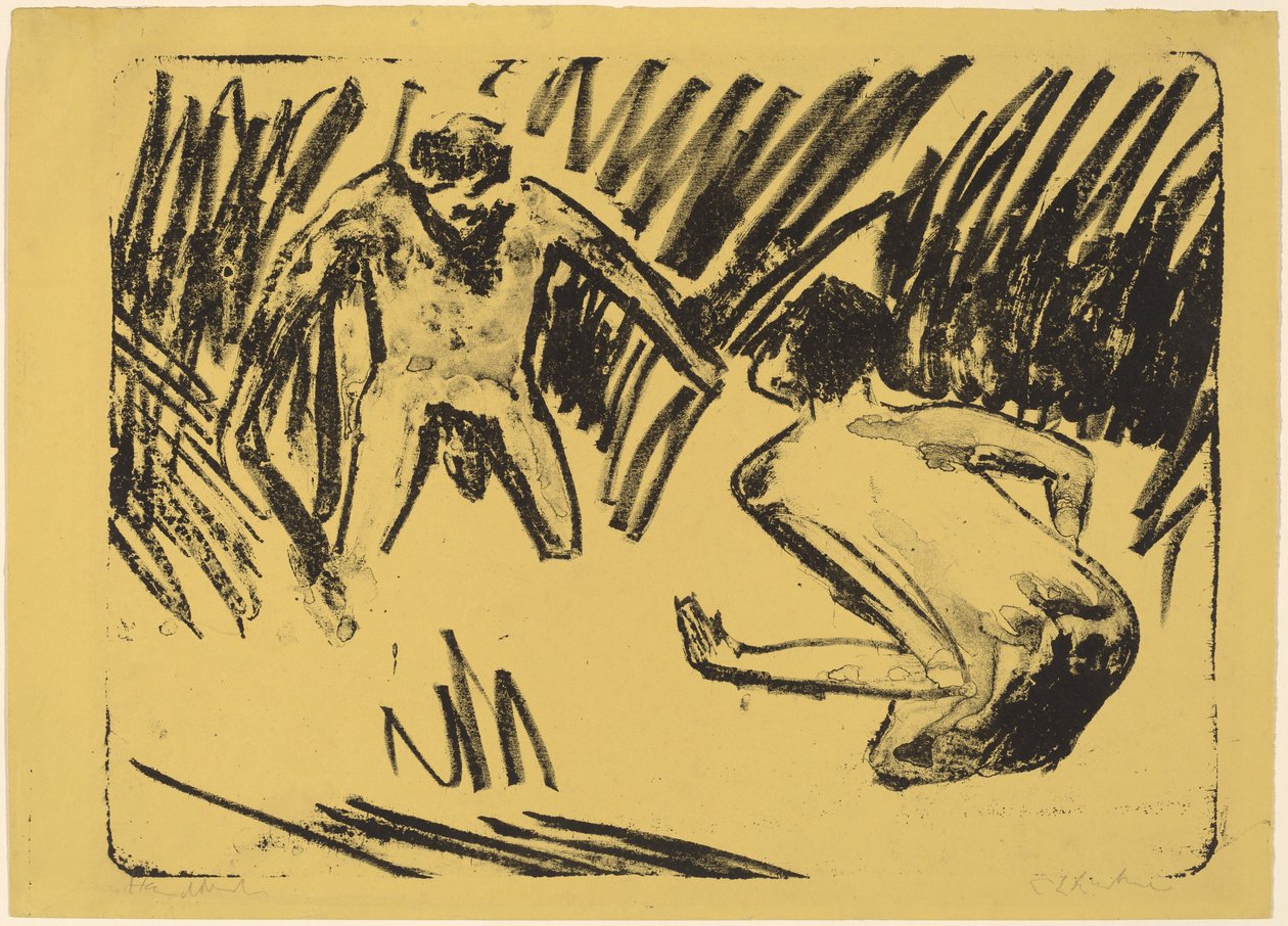 Mężczyźni pluskający się w trzcinach autorstwa Ernst Ludwig Kirchner