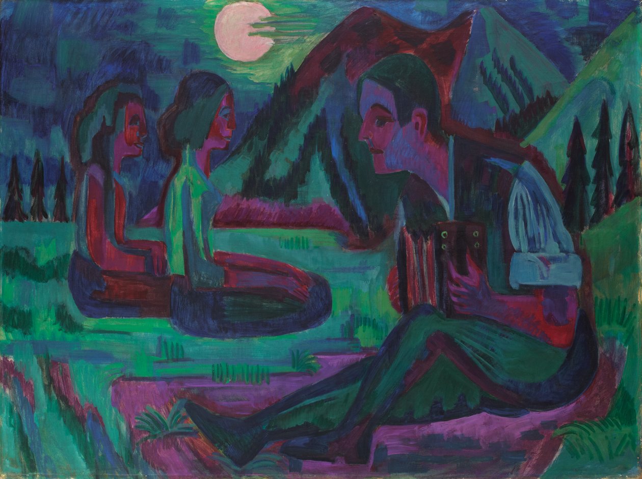 „Nocny Księżyc”; „Akordeonista w blasku księżyca” autorstwa Ernst Ludwig Kirchner