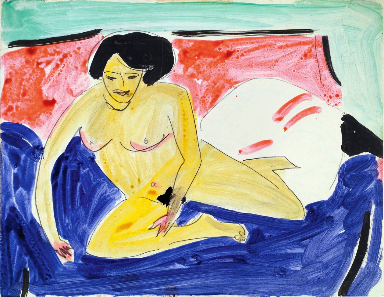 Nude siedzący na kanapie (Siedzący nago na kanapie). Praca Ernsta Ludwiga Kirchnera (1880-1938), akwarela i tusz na papierze autorstwa Ernst Ludwig Kirchner