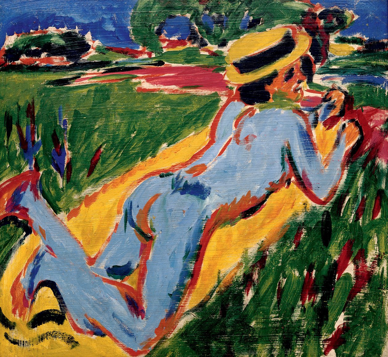 Nu bleu śpi w słomkowym kapeluszu. Praca Ernsta Ludwiga Kirchnera (1880-1938), olej na tekturze autorstwa Ernst Ludwig Kirchner