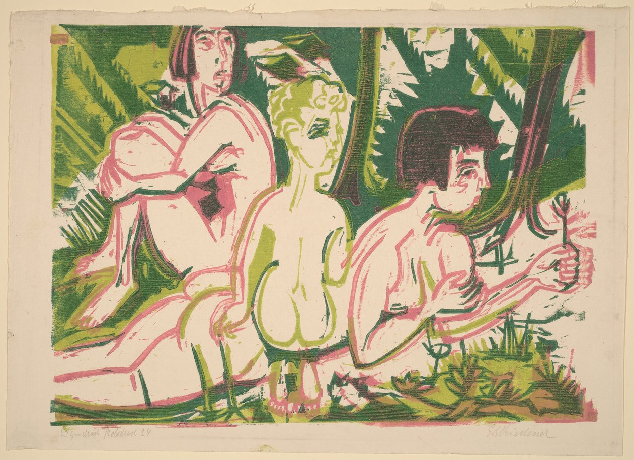 Nackte Frauen mit einem Kind im Wald autorstwa Ernst Ludwig Kirchner