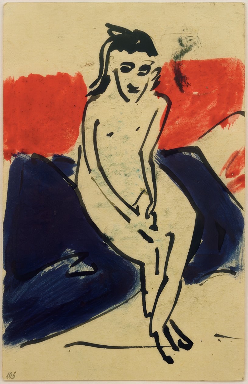 Pocztówka do Ericha Heckela z 30 czerwca 1910 (Siedząca Naga Marzella) autorstwa Ernst Ludwig Kirchner