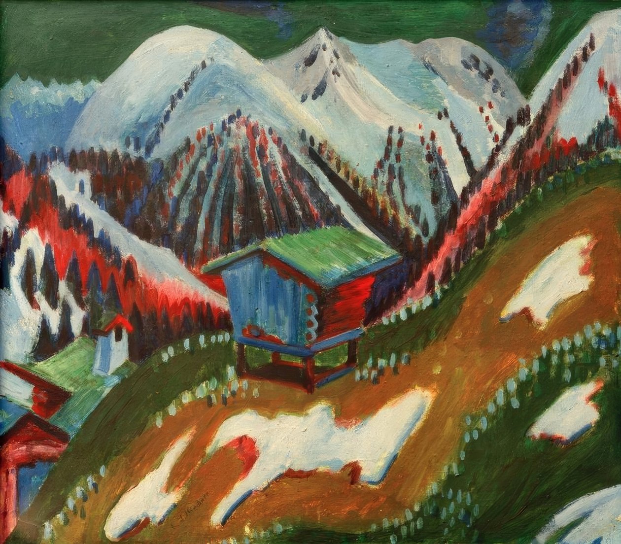 Topniejący śnieg. Górski krajobraz z alpejską chatą autorstwa Ernst Ludwig Kirchner