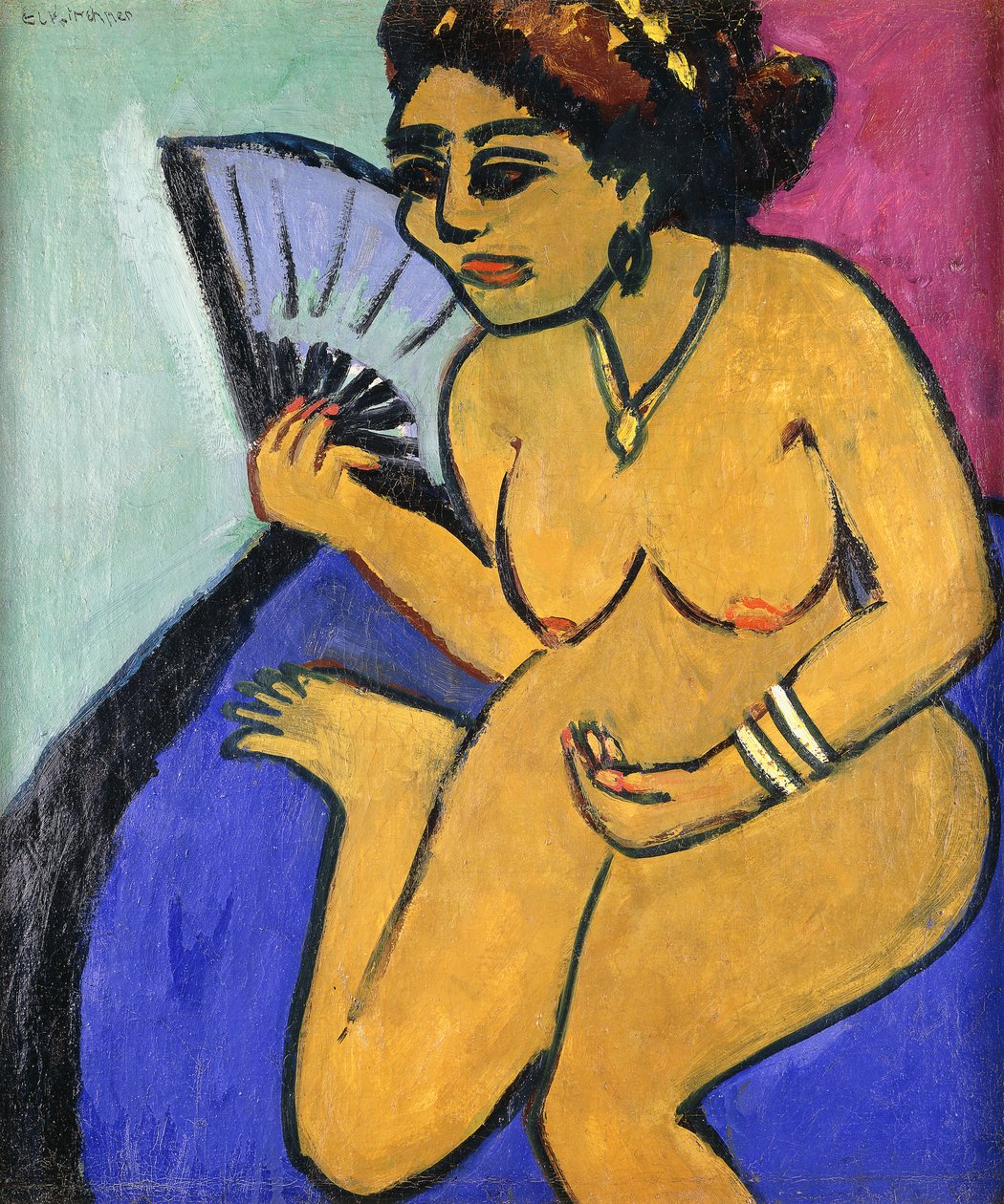Siedzący nago z wentylatorem; Siedzący akt z wachlarzem, 1910-11 autorstwa Ernst Ludwig Kirchner