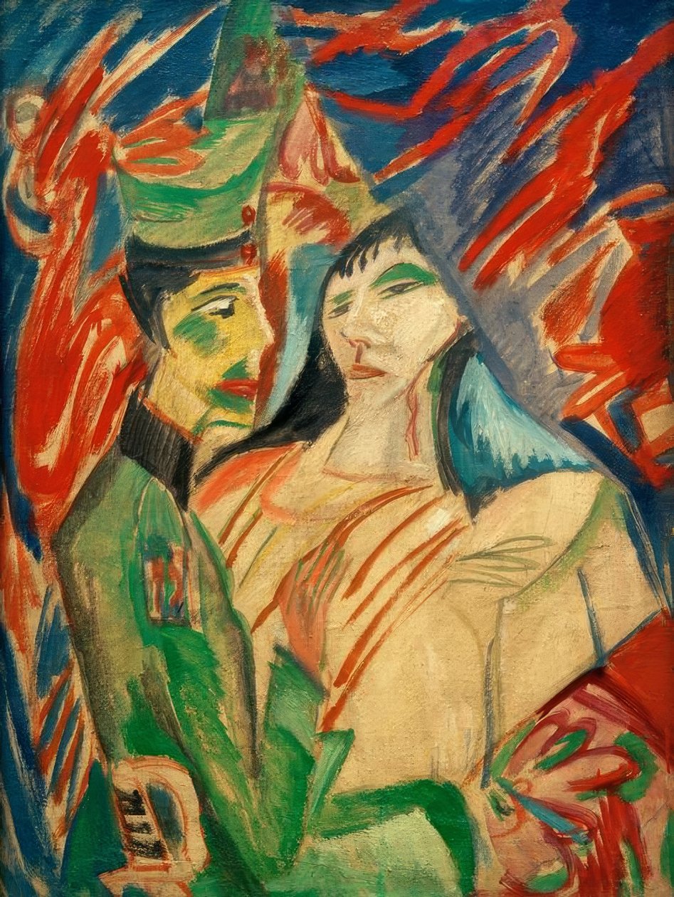 Żołnierz i dziewczyna między kolorowymi zasłonami autorstwa Ernst Ludwig Kirchner