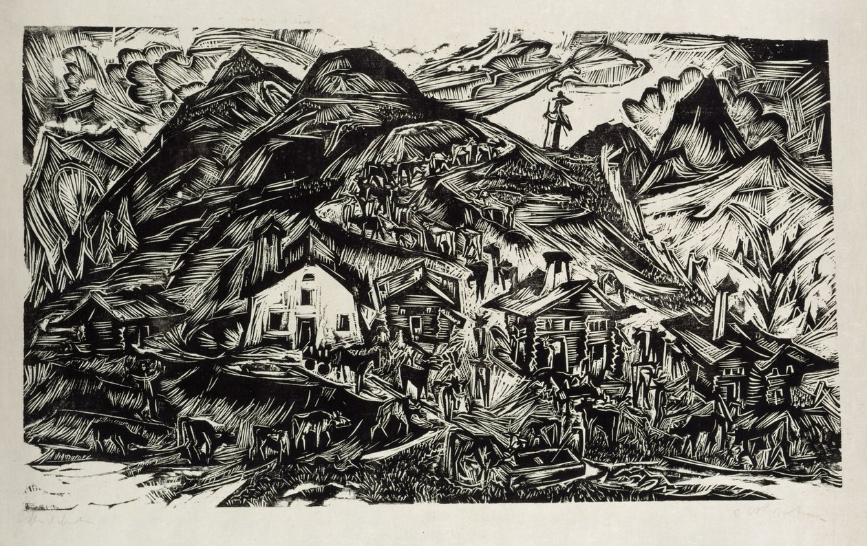 Stafelalp, widok ogólny - wypęd bydła na alpejskie pastwisko autorstwa Ernst Ludwig Kirchner