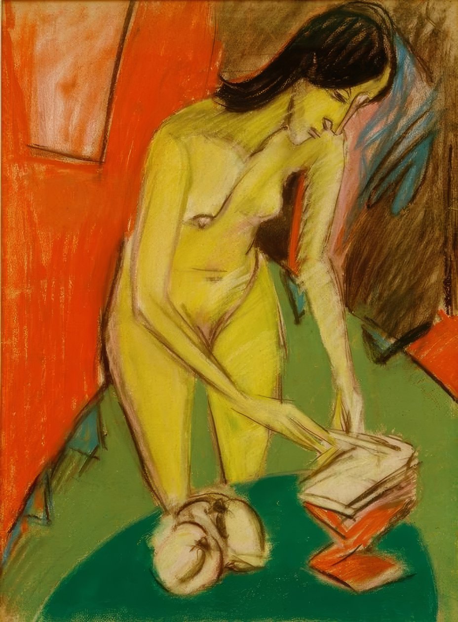 Stojący akt kobiecy przy stole autorstwa Ernst Ludwig Kirchner