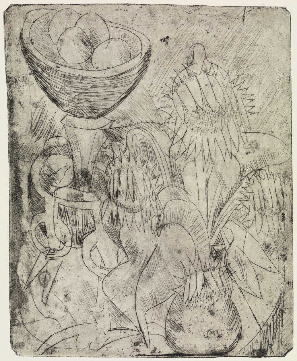 Martwa natura ze słonecznikami i miską z owocami / Kłębek przechodniów i elektryka autorstwa Ernst Ludwig Kirchner