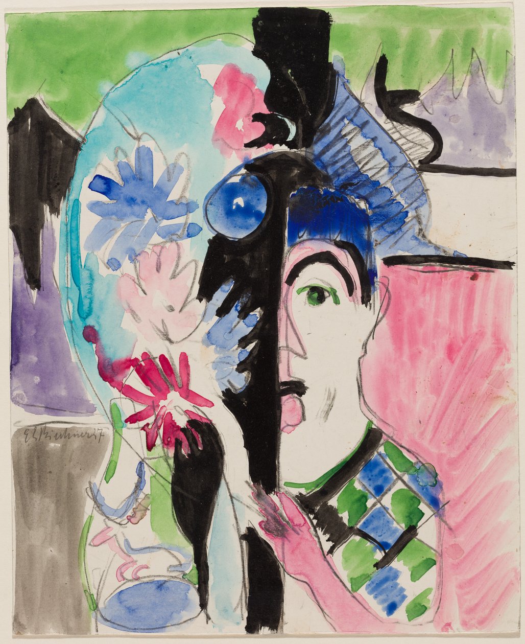 Studium do „Głowy młynarza z kwiatami” autorstwa Ernst Ludwig Kirchner