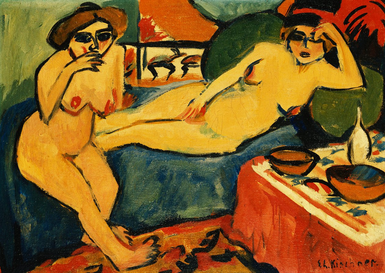 Dwa akty na niebieskiej sofie; Dwa akty na niebieskiej sofie, ok. 1910-1920 autorstwa Ernst Ludwig Kirchner