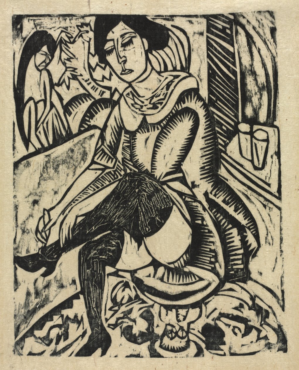 Kobieta zakładająca buty autorstwa Ernst Ludwig Kirchner