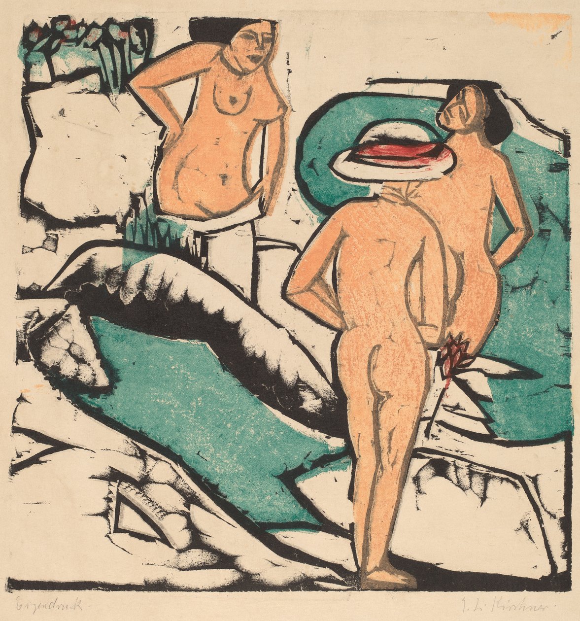 Kobiety kąpiące się między białymi kamieniami, 1912 (kolorowy drzeworyt wydrukowany w kolorze czarnym, zielonym, pomarańczowym i czerwonym) autorstwa Ernst Ludwig Kirchner