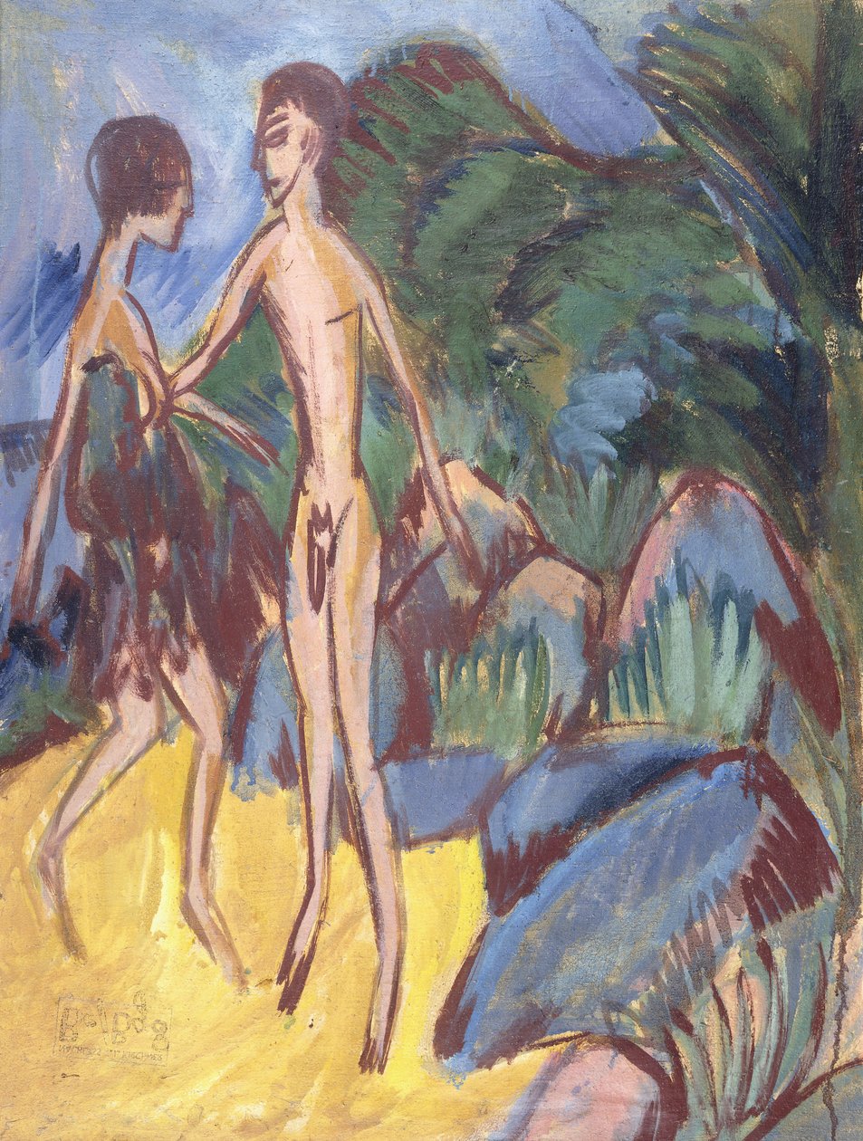 Młodzież i naga dziewczyna na plaży; Nagi chłopiec i dziewczynka na plaży, 1913 autorstwa Ernst Ludwig Kirchner