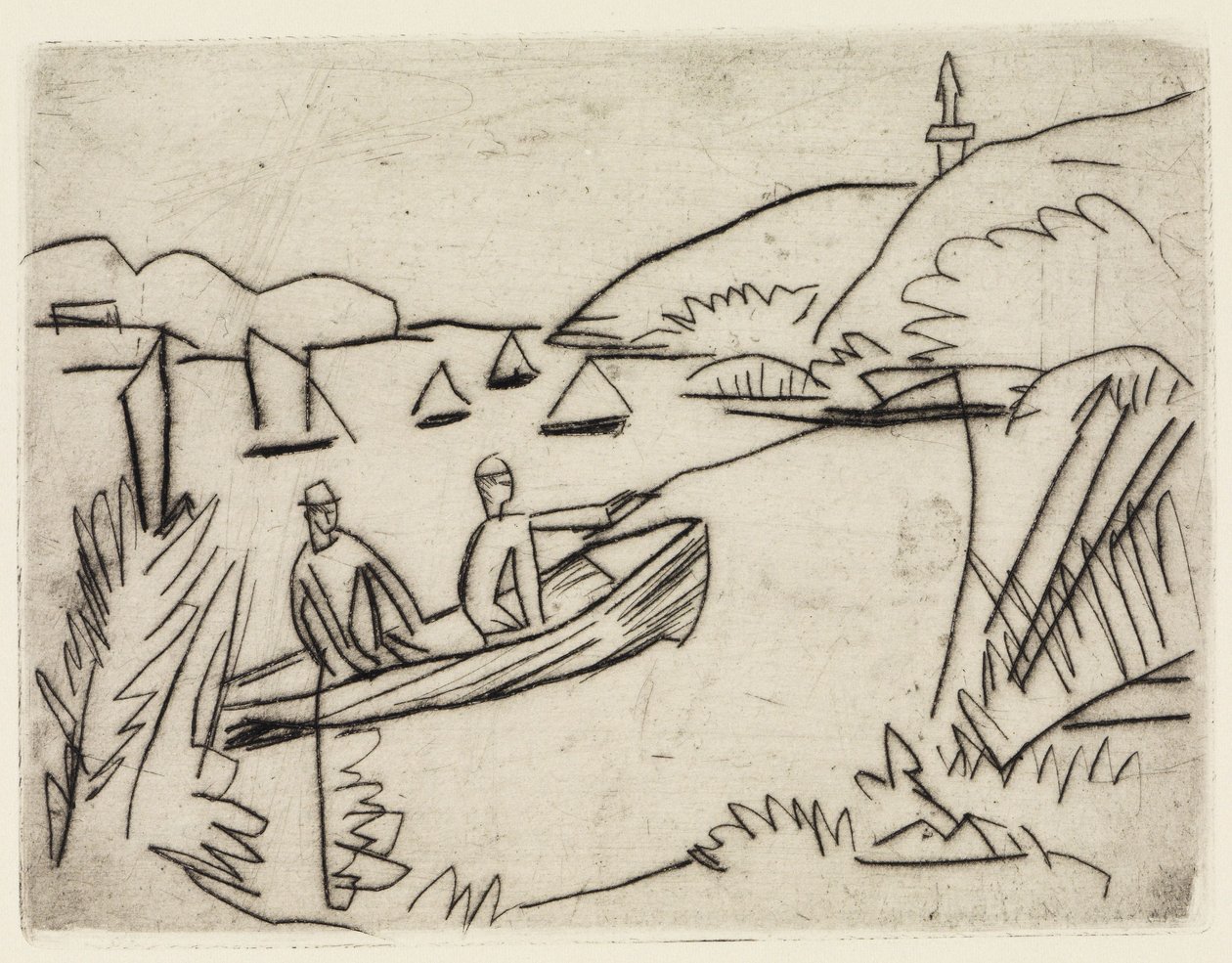 Dwoje kąpiących się nad stawami w Moritzburgu / Wędkarz w łodzi na jeziorze Müggelsee autorstwa Ernst Ludwig Kirchner
