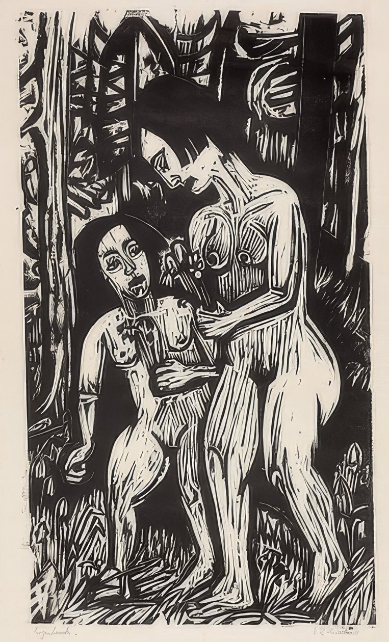 Dwie nagie dziewczyny z kwiatami w lesie. 1923 autorstwa Ernst Ludwig Kirchner