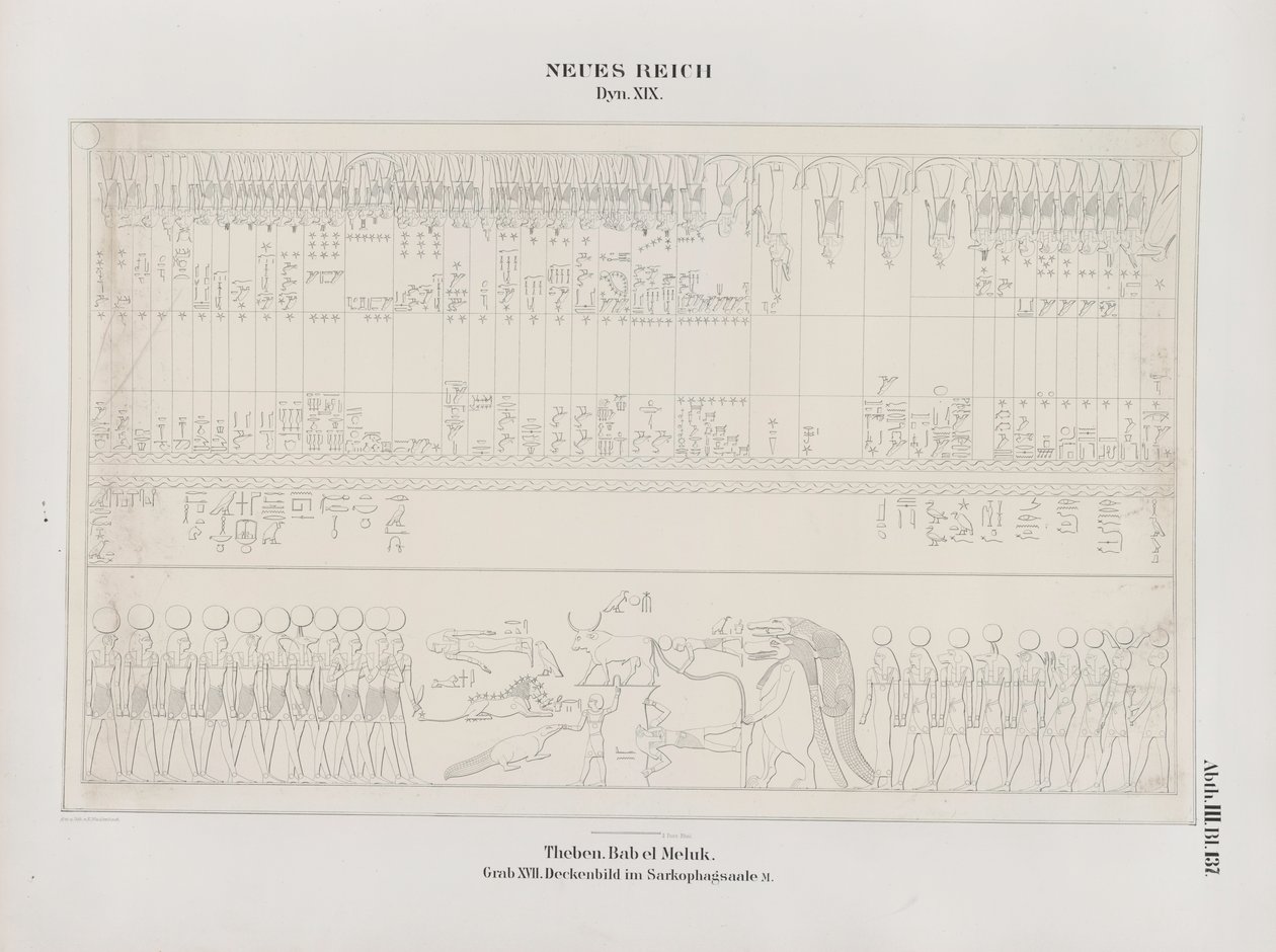Rysunek malarstwa sufitowego w Sali Sarkofagu, XIX dynastia, Teby, Biban-el-Muluk, Nowe Państwo, ilustracja z "Pomniki Egiptu i Etiopii...", autorstwa Richarda Lepsiusa autorstwa Ernst Weidenbach