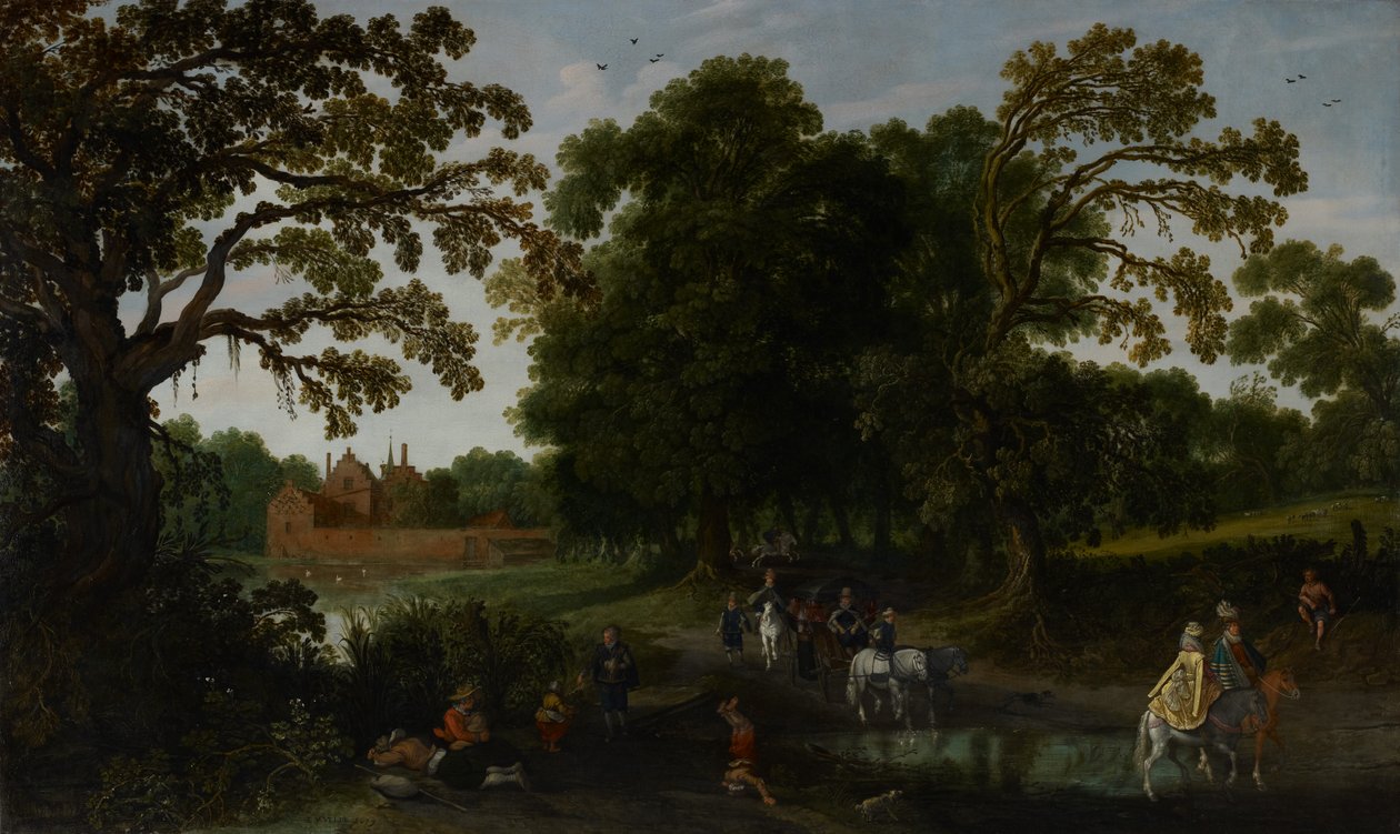 Krajobraz z procesją dworską przed zamkiem Abtspoel, 1619 autorstwa Esaias van de Velde
