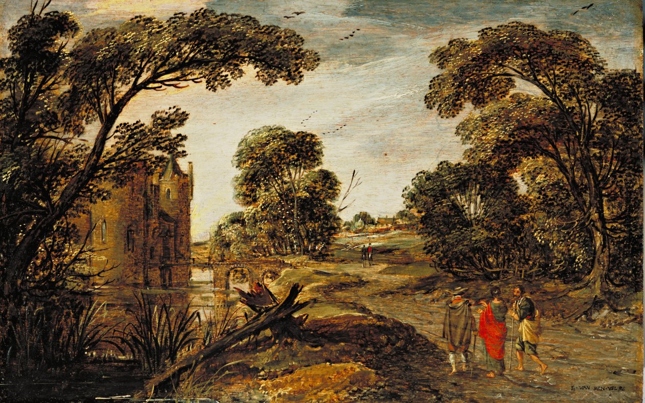 Letni krajobraz (droga do Emaus) 1612-13 autorstwa Esaias van de Velde
