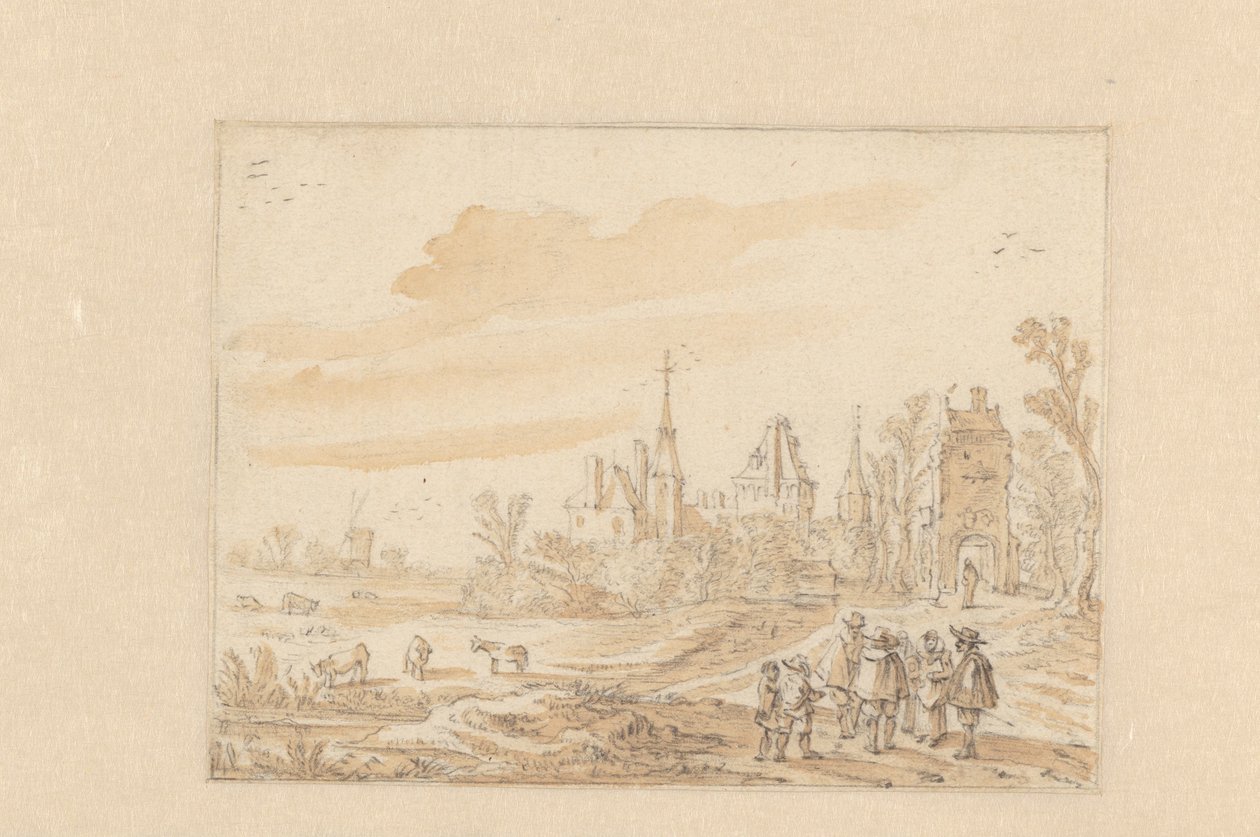 Krajobraz z grupą ludzi i zamkiem autorstwa Esaias van de Velde (possibly)