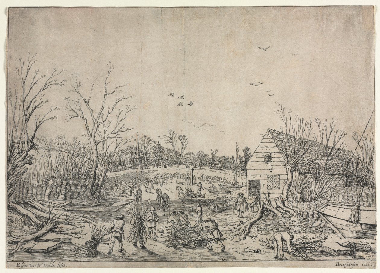 Wielka powódź z 10 stycznia 1624 r. (lub naprawa zerwanej grobli na rzece Lek przez Vianena, 1624) autorstwa Esaias van de Velde