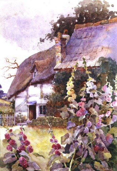 Malwy przed domkiem krytym strzechą (akwarela) autorstwa Ethel Davies