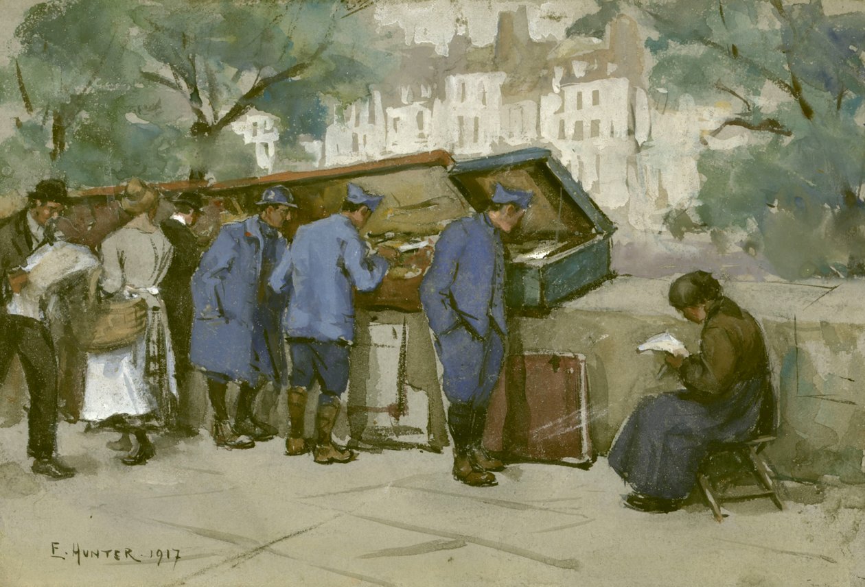 Żołnierze francuscy i bukwiniści nad Sekwaną, 1917 (toaleta na jasnoszarym papierze) autorstwa Ethel Hunter