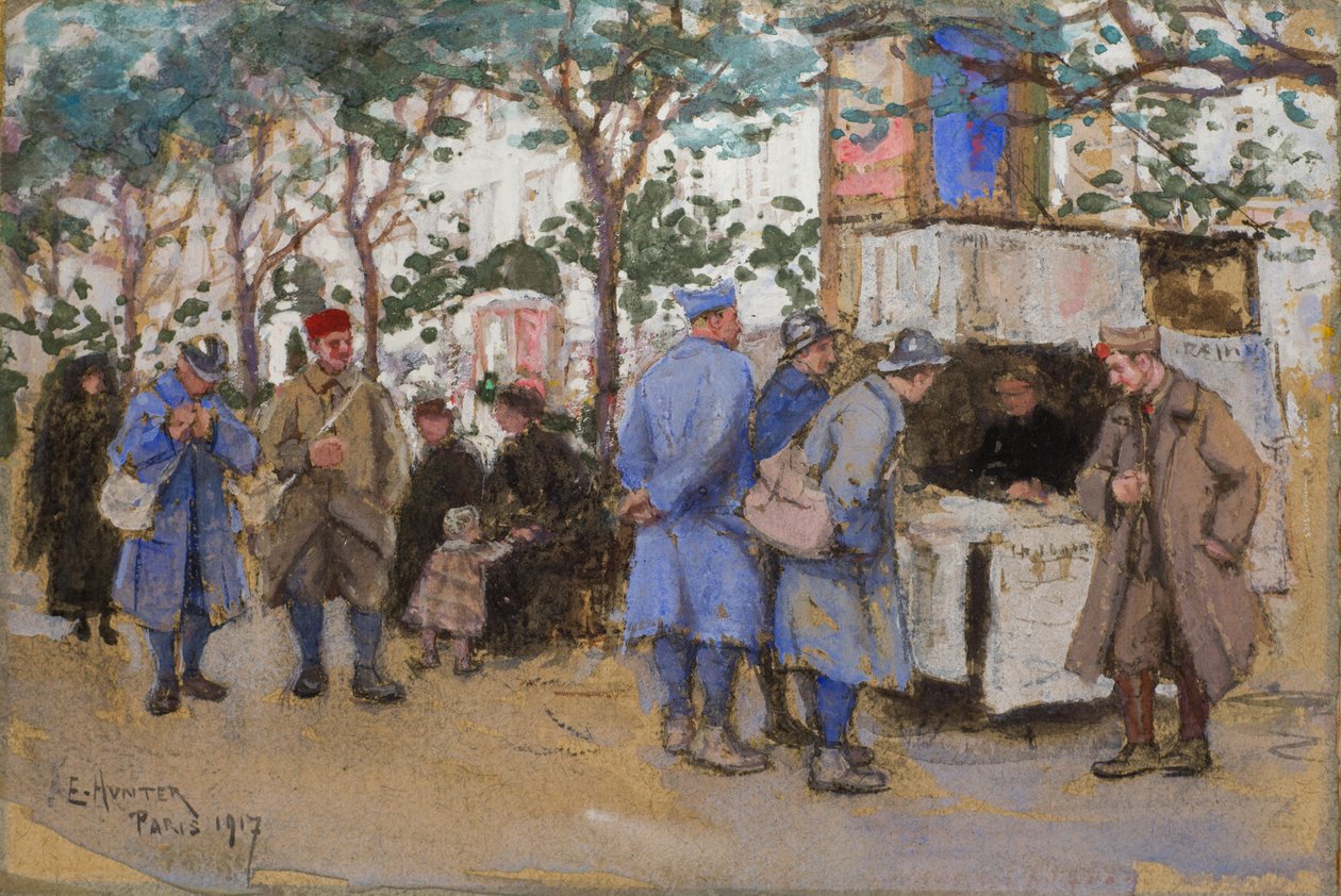 Żołnierze przy kiosku, Paryż, 1917 autorstwa Ethel Hunter