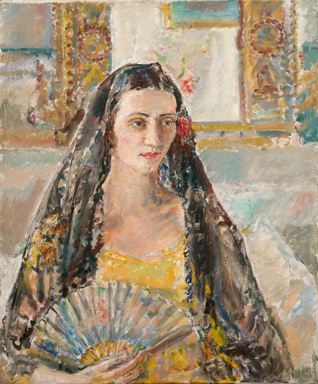 Dama z wachlarzem, exh. 1926 (olej na płótnie) autorstwa Ethel Walker
