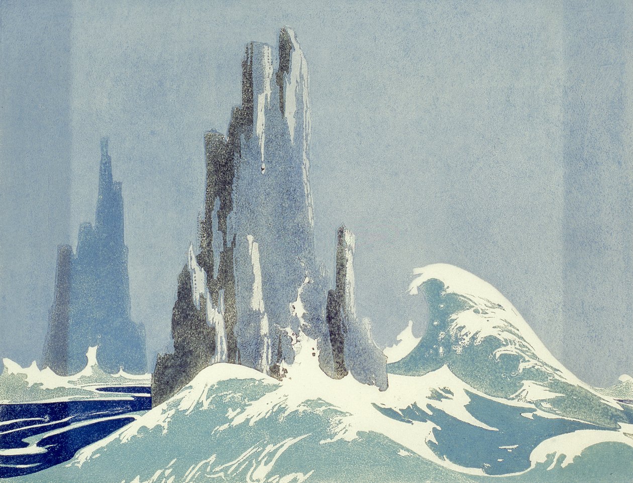 Cathedral Rocks, Tasmania, 1939 (linoryt) autorstwa Ethleen Palmer