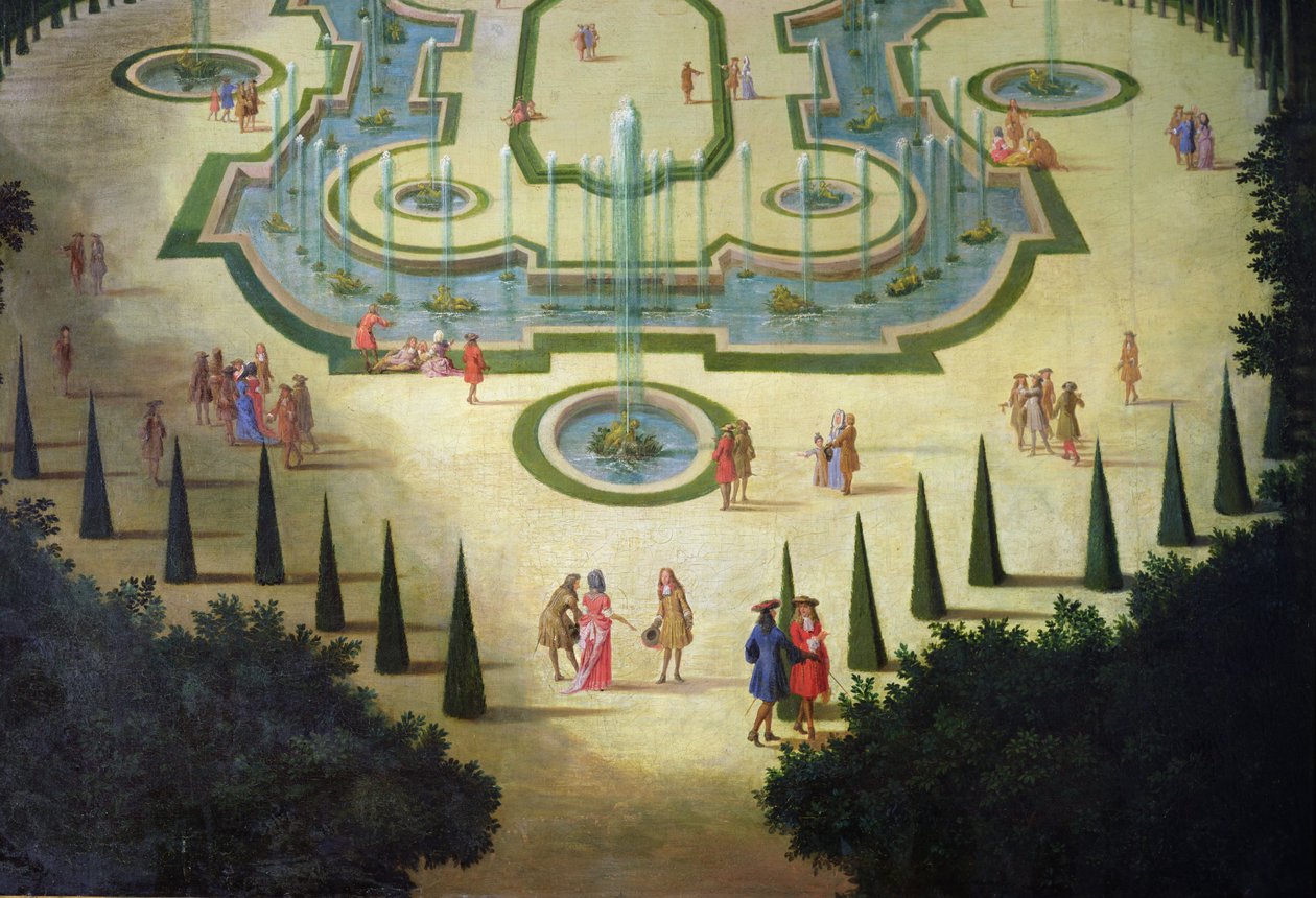 La Salle des Festins ou Salle du Conseil fragment stawów i postaci na pierwszym planie, ok. 1688 olej na płótnie autorstwa Etienne Allegrain
