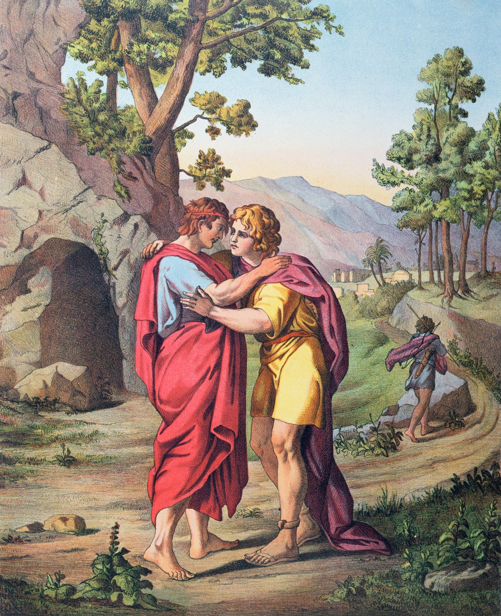 Rozstanie Dawida i Jonatana, ilustracja z katechizmu, ok. 1860 r. autorstwa Etienne Antoine Eugene Ronjat