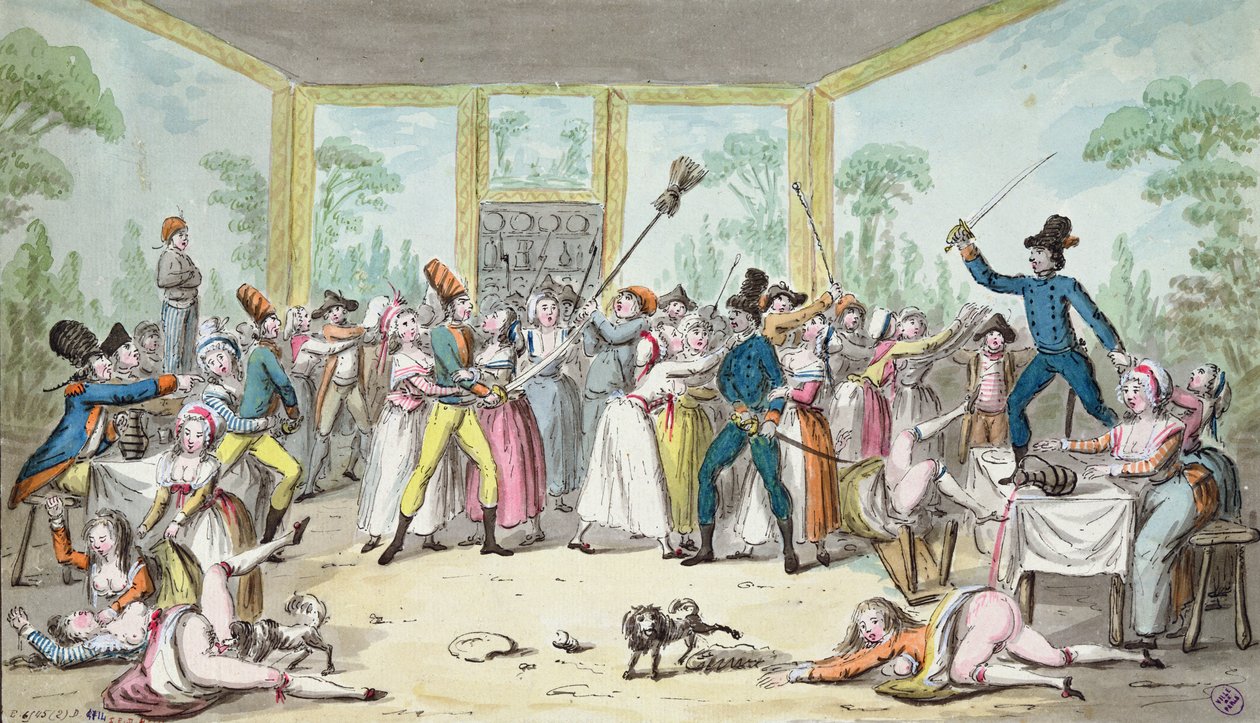 Scena buntownicza w karczmie w okresie Rewolucji Francuskiej, ok. 1789 autorstwa Etienne Bericourt