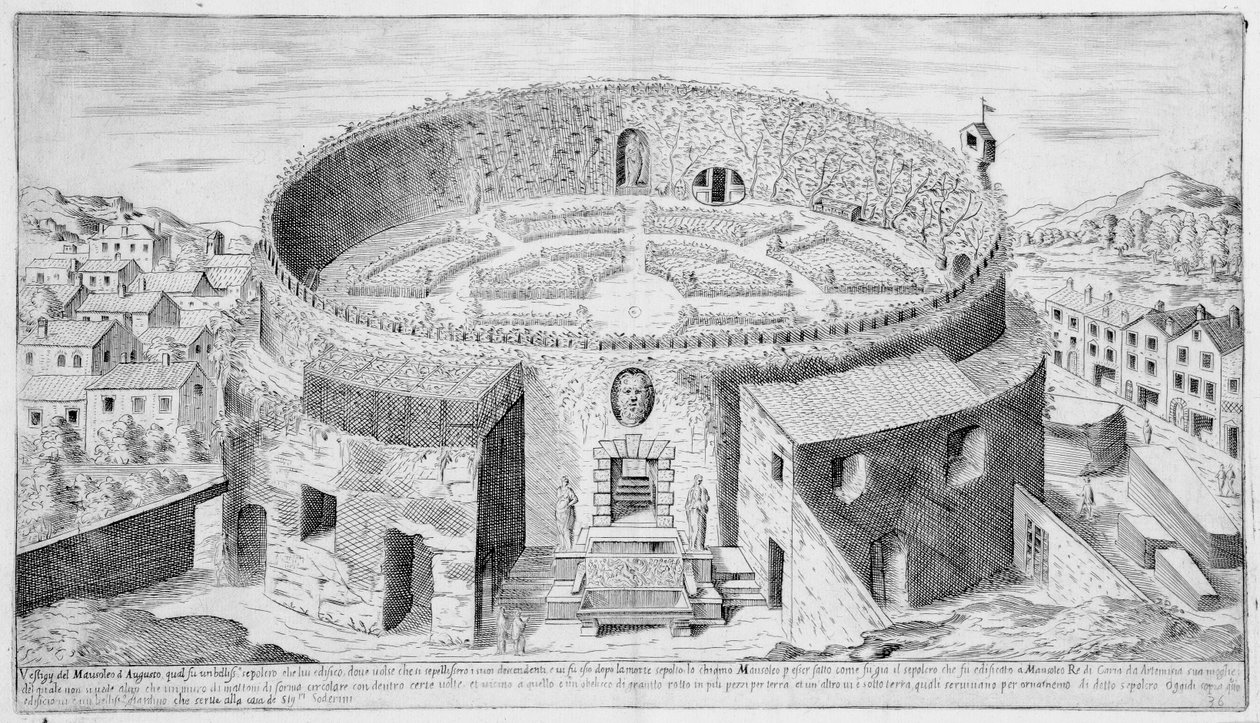 Mauzoleum Augusta, Rzym, tablica 36 z "Antiquities of Rome", ok. 1575 r. autorstwa Etienne Duperac