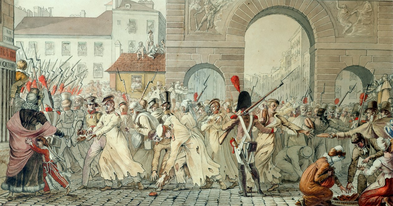 Rosyjscy więźniowie paradujący na bulwarze Saint-Martin po bitwie pod Montmirail, 17 lutego 1814 (pióro i atrament i toaleta na papierze) autorstwa Etienne Jean Delecluze