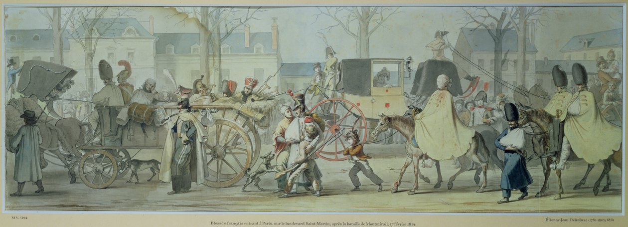 Ranni francuscy żołnierze wkraczający do Paryża na Boulevard Saint-Martin po bitwie pod Montmirail, 17 lutego 1814 (pióro i atrament i toaleta na papierze) autorstwa Etienne Jean Delecluze