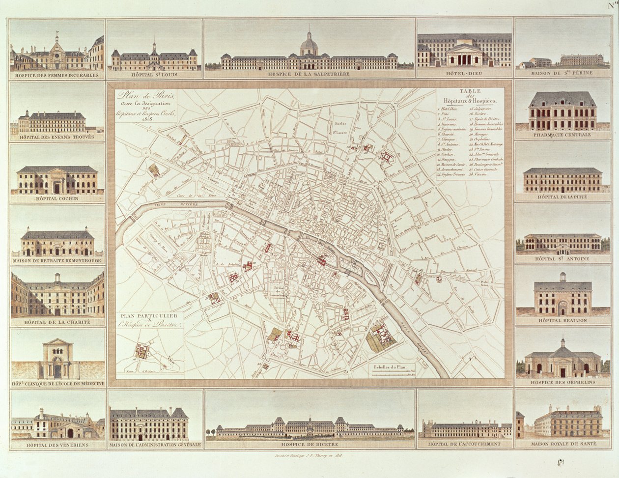 Plan Paryża wskazujący szpitale i domy cywilne, 1818, opublikowany w 1820 autorstwa Etienne Jules Thierry