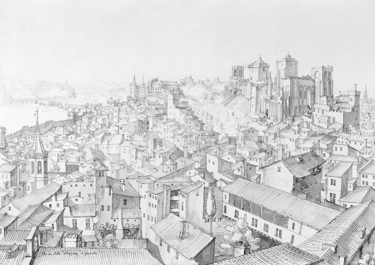 Widok na miasto Awinion i okolice (pranie piórem i tuszem na papierze) autorstwa Etienne Martellange