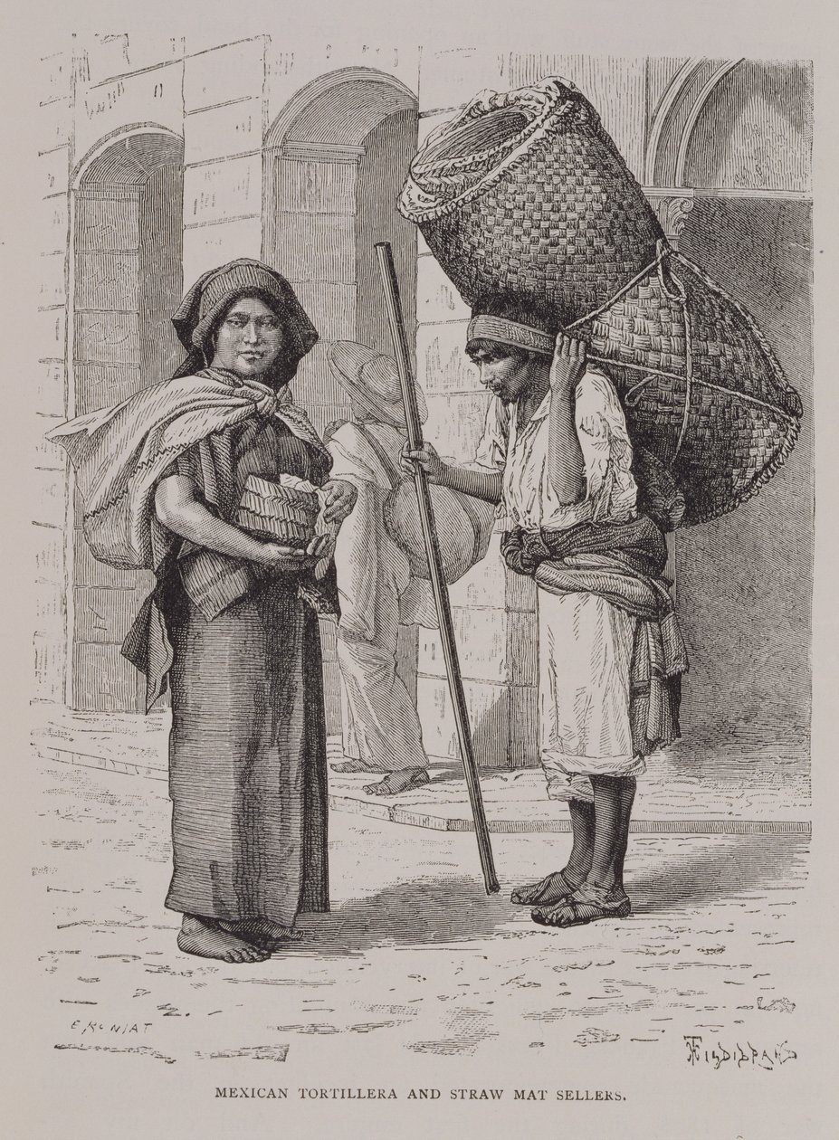 Mexican Tortillera and Straw Mat Seller, z „Starożytnych miast Nowego Świata”, Claude-Joseph-Desire Charnay, wyd. 1887 autorstwa Etienne Antoine Eugene Ronjat