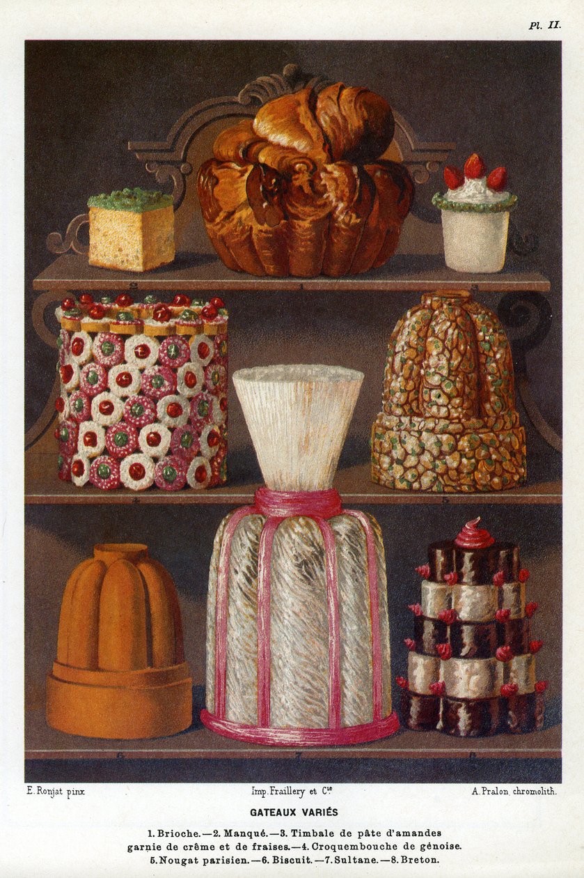 Ciasta różne: brioche, lack, kotły z pastą migdałową zwieńczone śmietaną i truskawkami, croquenbouche de genoise, nugat paryski, biszkopt, sułtan, bretoński – płyta nr 2 z Księgi Cukierni Julesa Gouffe, oficer de bouche du Jockey-Club de Paryż (ch autorstwa Etienne (after) Ronjat
