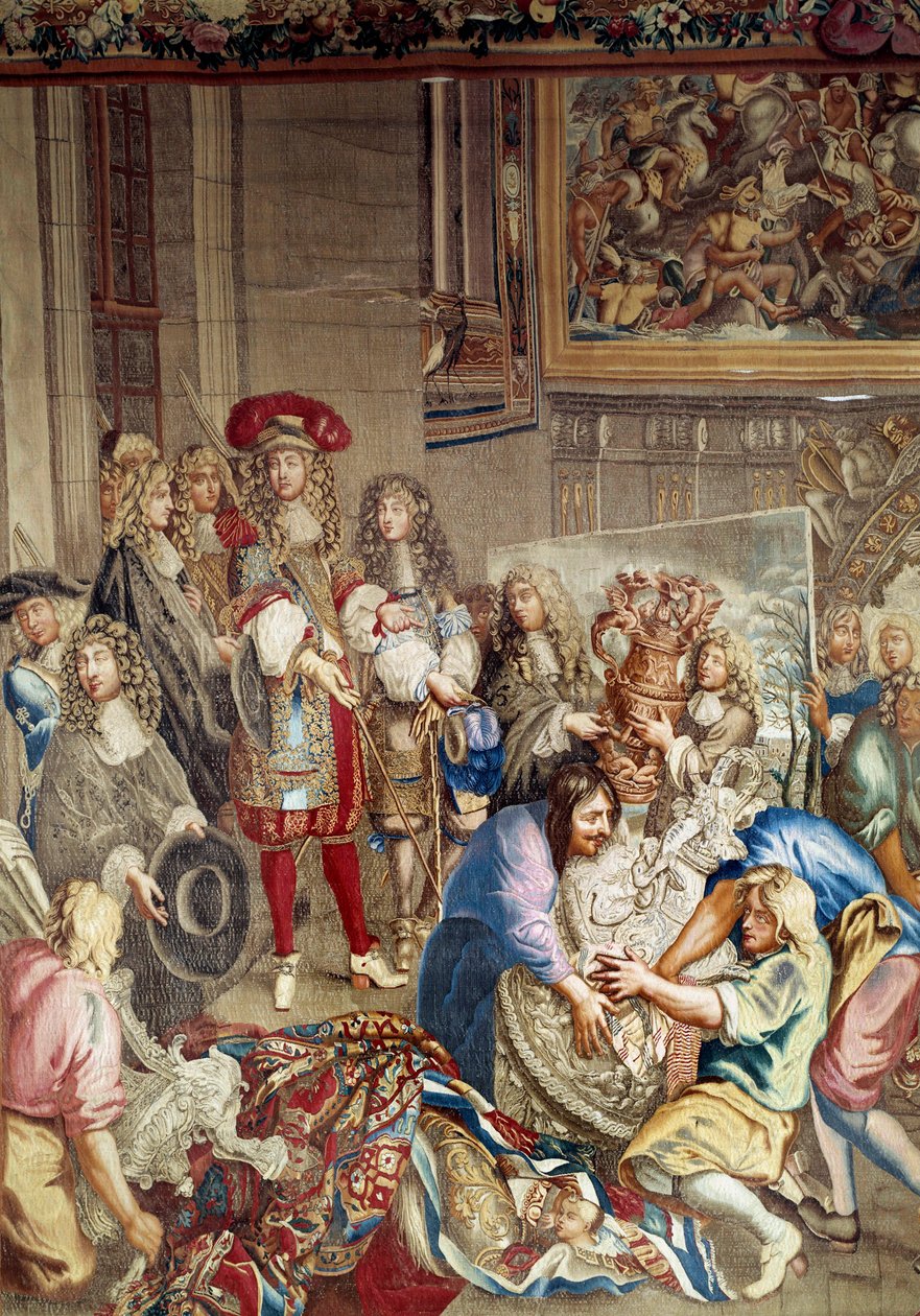 Wizyta Ludwika XIV w Manufacture des Gobelins w obecności Jeana Baptiste (Jean-Baptiste) Colbert (1619-1683) (z profilu, po prawej stronie króla) i malarza Charlesa Lebruna (Le Brun) (1619-1690) ), 15 października autorstwa Etienne (studio of) Le Blond
